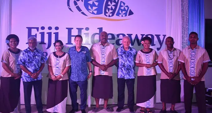 Laisa Moreyawa, Tour Managers managing director Damen Gounder, Sanjana Singh, Tourism Fiji Chairman and Fiji Airways managing director/CEO Andre Viljoen, Alifereti Nainoca, Tour Managers general manager Dave  Woodman, Alesi Viliviliyawa Kunaura, Vuluma Tora and Shiraz Khan during the launch at the Landers Bay Resort & Spa, Vuda on July 29, 2022. Photo: Waisea Nasoki