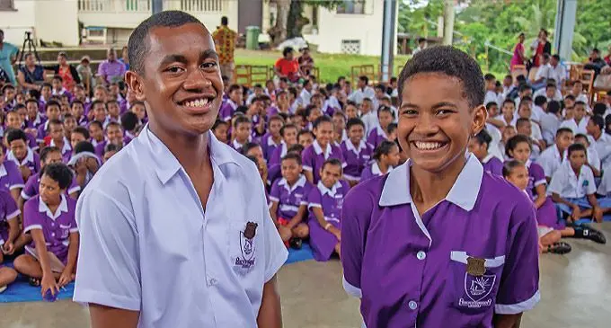 Dudley Intermediate School head boy Yisrael Tukania and head girl Silivia Vasu after their school prefect induction in Toorak on May 20, 2022. Photo: Leon Lord