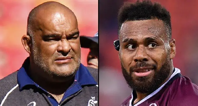 Wallabies forwards coach, Simon Raiwalui (L) and Samu Kerevi