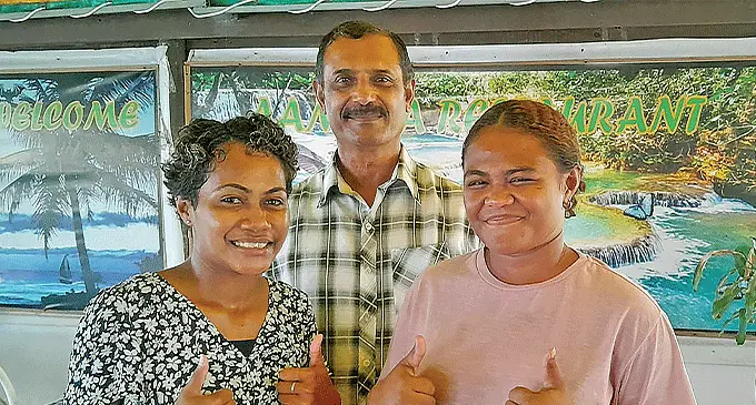 From left: Elenoa Nadau, Aamira Restaurant owner Hafiz Rahiman and Melissa Grant in Lautoka. Photo: Waisea Nasokia