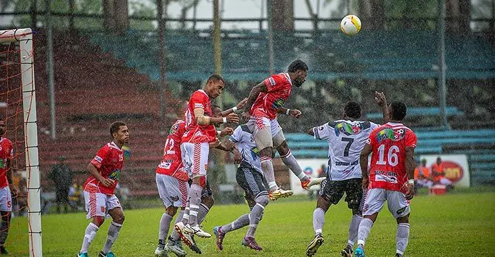 Design Marine Services Rewa defender Kavaia Rawaqa heads the ball against All Freight Logistics Suva during the first Champion versus Champion clash at Ratu Cakobau Park, Nausori, on February 5, 2023. Photo: Leon Lord