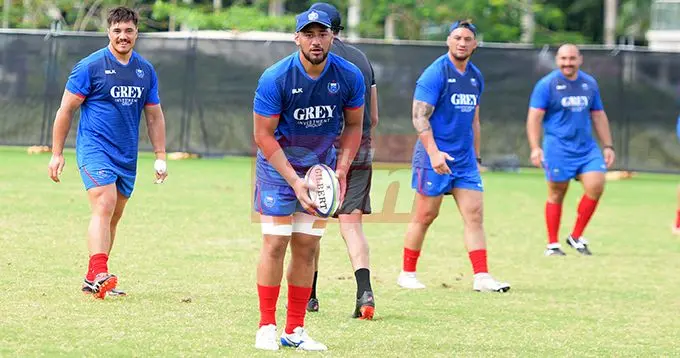 Henry Stowers (with ball) during Samoa team Captains run at Albert Park on August 9, 2019. Photo: Ronald Kumar.