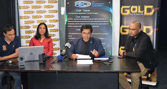 From left: Vinal Raj – FBC manager TV operations, Shammi Lochan – FBC manager Radio, Riyaz Sayed-Khaiyum – FBC chief executive officer, and Vijendra Kumar – FBC manager sales and marketing.  Photo: Ilaijia Ravuwai
