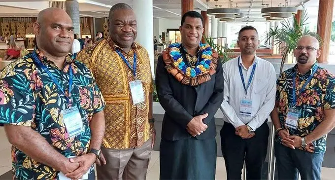 Pro-Vice-Chancellor TVET Dr Isimeli Tagicakiverata (from left), Acting Pro-Vice-Chancellor Research and Innovation Professor Paul Iji, Minister for Education, Hon. Aseri Radrodro, Manager National Apprenticeship and Trade Test Alvin Lal and Acting Director NTPC Praneel Chand.
