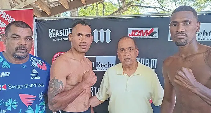 From left: Paulo Ratumaikoro, South Pacific Boxing Promotions director Mohammed Shameem and Apisai Naciqa during the official weigh-in at Nair’s Dais in Nadi on May 17, 2024. Photo: Waisea Nasokia