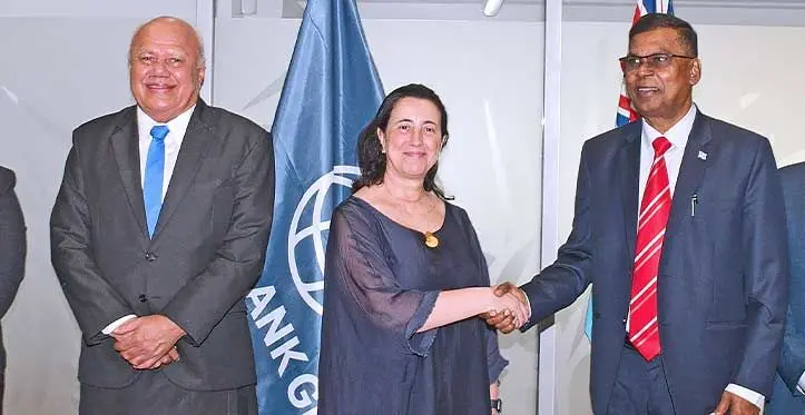 From left: Minister for Tourism, Viliame Gavoka, World Bank East Asia Pacific regional vice-president, Manuela Ferro and Minister for Finance, Biman Prasad at Ro Lalabalavu House on July 19, 2023. Photo: Fiji Government.