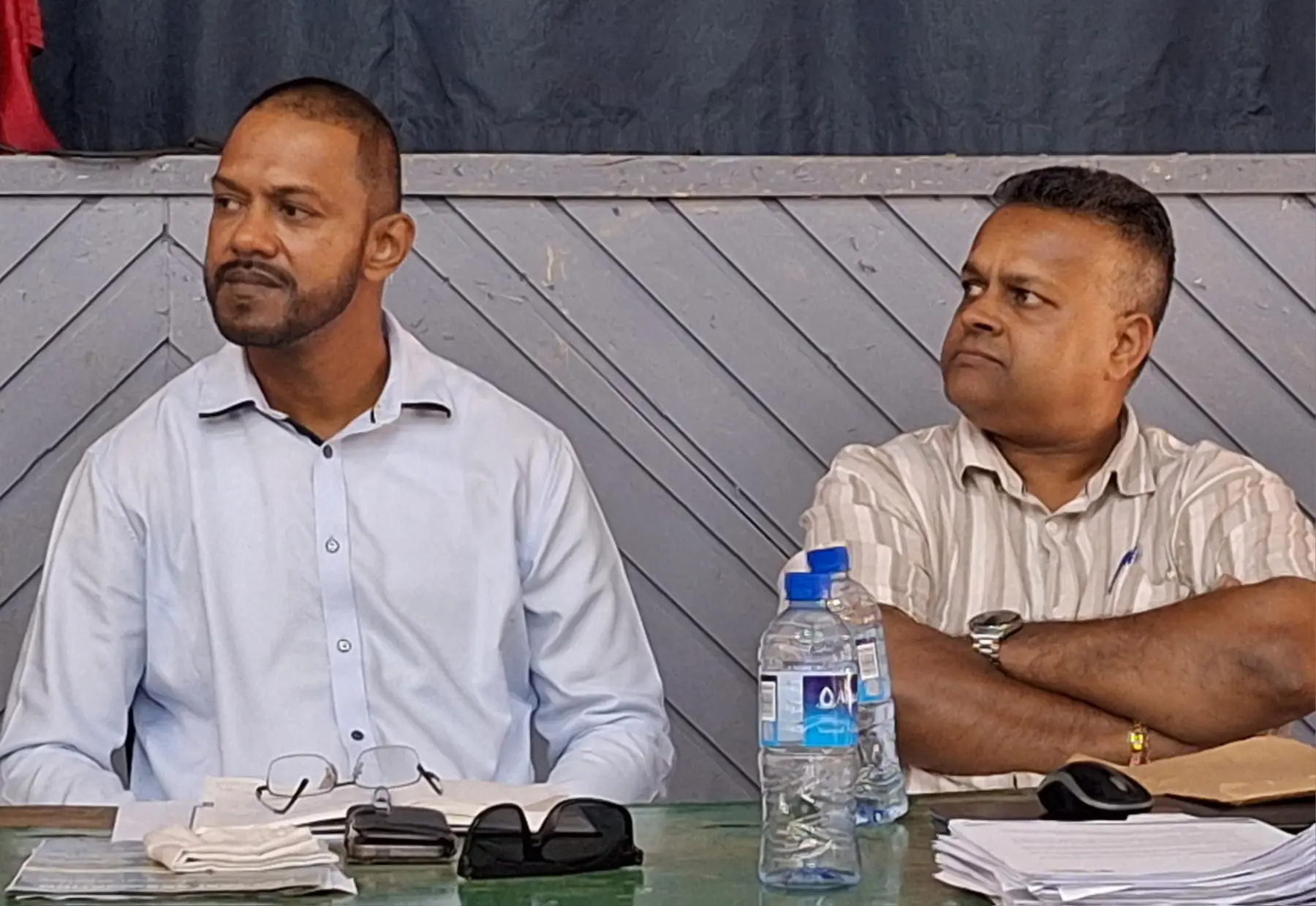 (L-R) Fiji Zone Taxi Association acting national general secretary Mohammed Shameem and national treasurer Ravinesh Kumar at the association’s meeting with the Fiji Competition and Consumer Commission (FCCC) and Police at the Nadi Civic Centre on September 17. Photo: Katherine Naidu.
