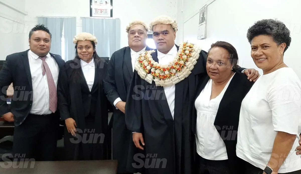(From left) Sione Fa (cousin), Fifita Fa (sister), Isireli Fa (dad), Isileli Fa, Ulamila Tuituku (aunt) and Selai Fa (mum) after the Admission to the Bar ceremony on September 4, 2020. Photo: Kelera Sovasiga