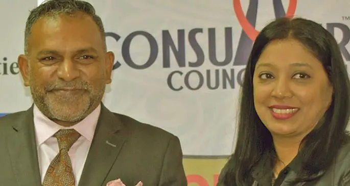 Minister for Commerce, Trade, Tourism and Transport, Faiyaz Koya with Consumer Council of Fiji chief executive officer Seema Shandil . Photo: DEPTFO News