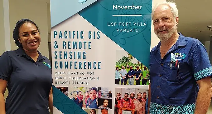 (From left) Pacific GIS and Remote Sensing Council vice-chair Salote Viti and Chairman Wolf Forstreuter at the University of the South Pacific Laucala Campus in Suva on November 22, 2021.