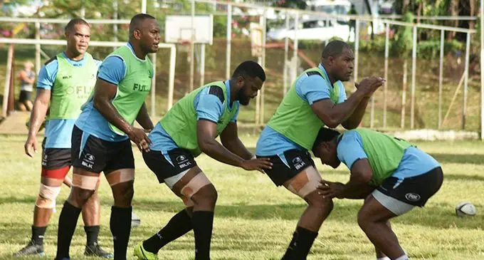 Fiji Airways Fijian Drua (from left) Johnny Dyer, Eremasi Radrodro, Tevita Naqali, Peni Naulago and Joeli Veitayaki during training at NASA Military ground in Nadi on October 9, 2019. Photo: Mereleki Nai