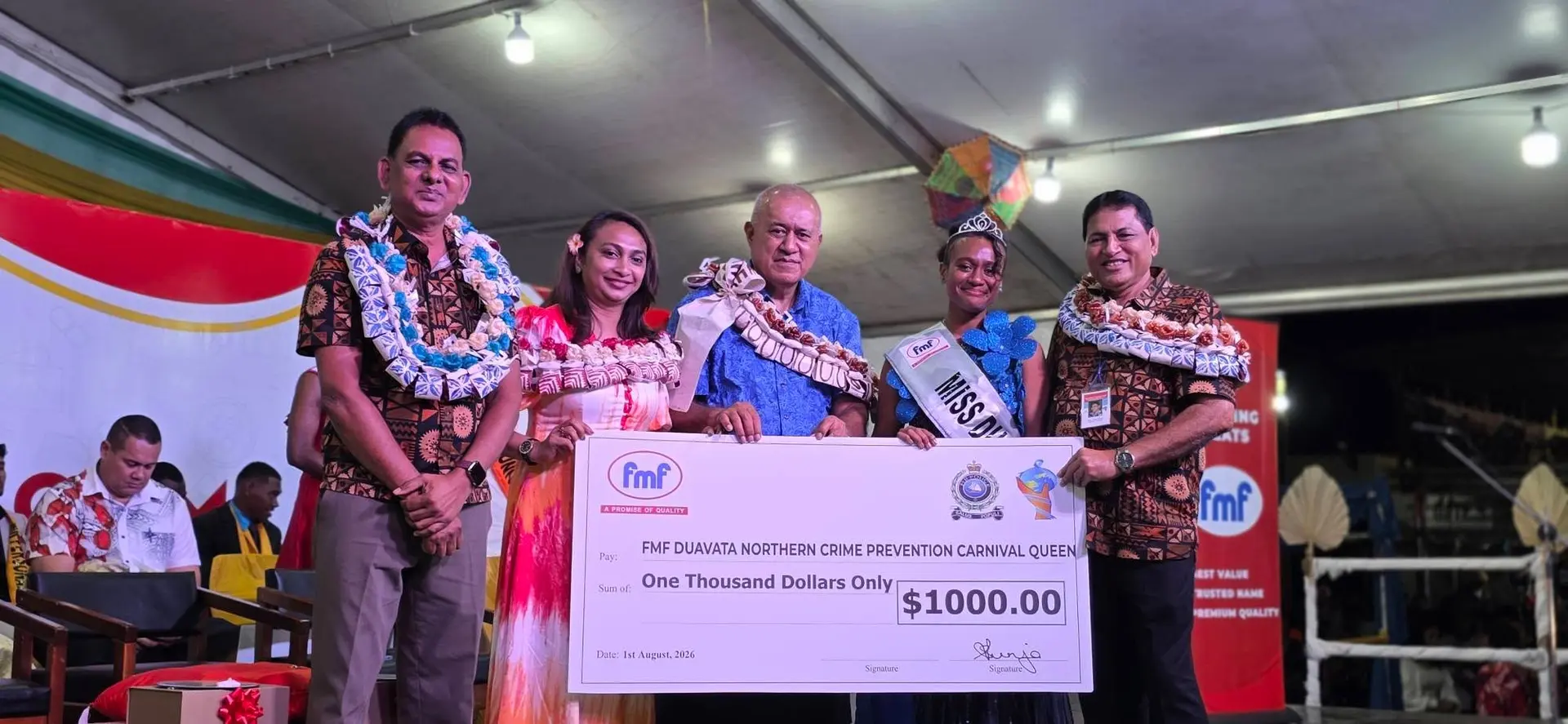 Miss Duavata Northern Crime Prevention Carnival Mere Mafi (second from right) with festival committee representatives and the Minister for Policing Ioana Naivalurua (third from left) after the crowning ceremony.