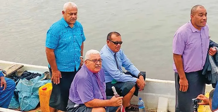 Sitting with blue shirt: Ratu Tevita Uluilakeba (Roko Ului) with other delegates attending the Great Council of Chiefs meeting on Bau Island on May 24, 2023. Photos: Leon Lord
