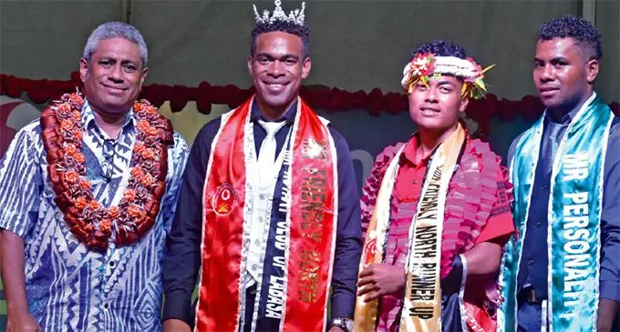 From left: Fiji Airways general manager engineering and maintenance Peter Bale, Mr Friendly North Meli Yonatan Ledua, first runner-up Niutea Fiafia and Mr Personality Anasa Tumoi after the Vodafone Festival of the Friendly North’s King’s crowning night at Subrail, Labasa. Photo: Laisa Lui