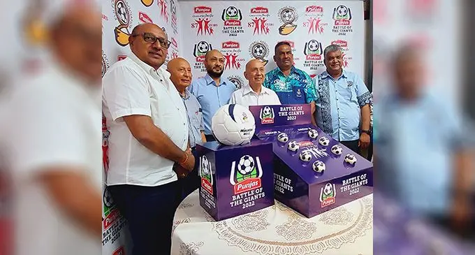 From left: Nitin Gandhi, Punja and Sons PTE Limited founder/director Kanti Punja, Fiji Football Association vice-president Aiyaz Musa, Punja and Sons PTE Limited director Nitin Punja, Deputy Commissioner of Police Itendra Nair and Fiji Football Association chief executive officer Mohammed Yusuf at the Punjas Battle of the Giants pool draws in Lautoka on August 11, 2022. Photo: Salote Qalubau