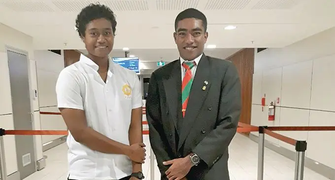 Sera Lewaravu and Max Delai at the Nadi International Airport on June 25, 2019. Photo: Waisea Nasokia