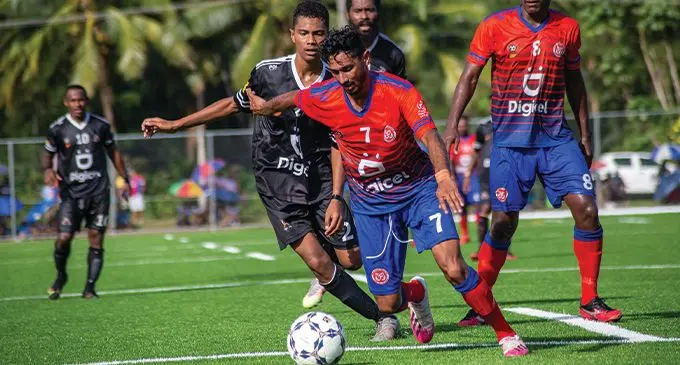 Navua’s Mohit Chand attacks againsts Ba’s Nabil Begg during their Digicel Primier League clash at Uprising Resort sports centre on April 11, 2021 . Photo: Leon Lord .