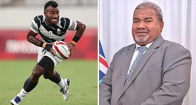 Fiji 7s team and two-time Olympic champion, Jerry Tuwai. and Minister for Youth and Sports, Jese Saukuru.