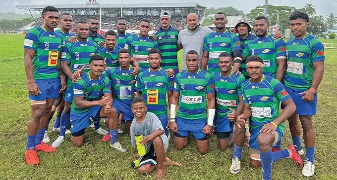 Former Wallabies and Fijian rep Lote Tuqiri ((standing fifth from right) with the Ratu Filise sevens team during the McDonalds Fiji Coral Coast 7s at Lawaqa Park, Sigatoka on January 13, 2023. Photo: Waisea Nasokia