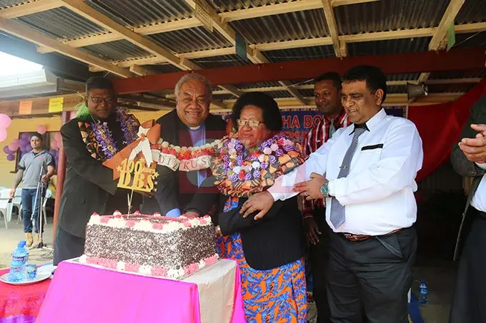 (From left) School chairman Rev Dr Anil Reuben, Rev Epineri Vakadewavosa, Mrs Vakadewavosa and Headteacher Rishi Chand cutting of the centenial cake on November 1, 2019. Photo: Kelera Sovasiga