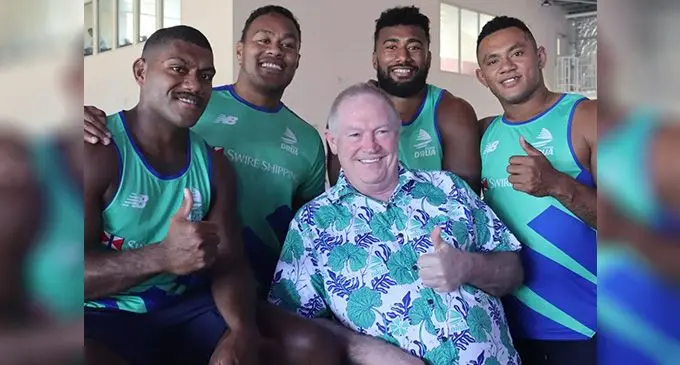 Former Fijian Drua chief executive officer Brian Thorburn (front) with (from left) Peni Matawalu, Leone Rotuisolia, Joseva Tamani and Vilive Miramira at the Drua homebase in Nadi on October 10, 2022. Photo: Fijian Drua.