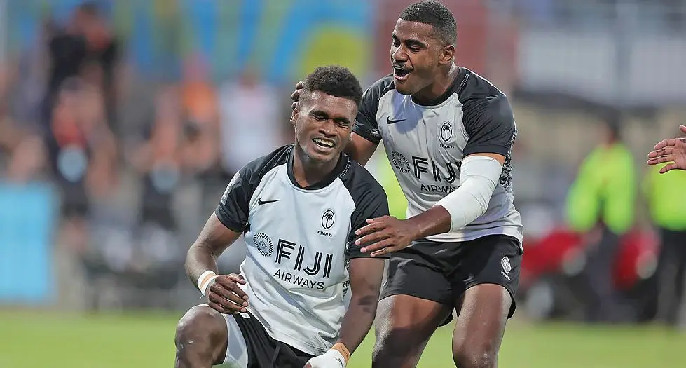 The Fiji Airways Fijian 7s teammates Ropate Rere and Pilipo Bukayaro celebrate a try during a Perth sevens tournament in Perth, Australia.