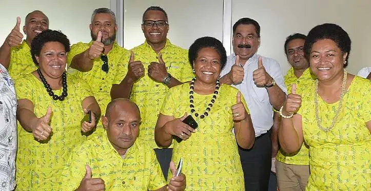 Happy to have their employment back. The terminated ATS workers with FTUC National Secretary Felix Anthony following the MoU signing with the Minister for Finance Biman Prasad on May 9, 2023. Photo: Ronald Kumar