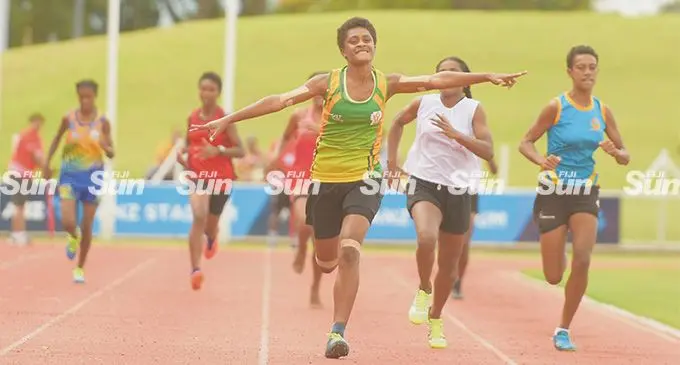 Alesi Voda of St. Vincent College celebrates winning her sub-junior girls 400metres heat during the Tailevu Zone at the ANZ Stadium, Suva, on June 23, 2022. Photo: Ronald Kumar