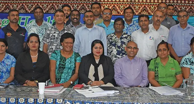 Accident Compensation Commission of Fiji chief executive officer Parvez Akbar (fourth from the right-sitting) with the participants from various business organisation during the awareness programme at Fiji Sugar Corporation training centre in Labasa on March 22, 2019. Photo: Shratika Naidu