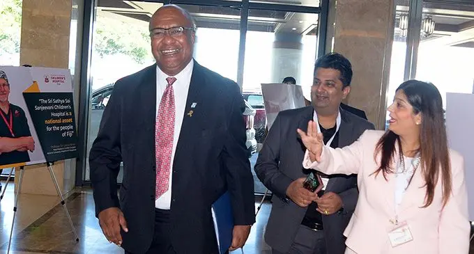 From left: Deputy Prime Minister Manoa Kamikamica, Sai Prema Foundation Fiji director Sumeet Tappoo and Sri Sathya Sai Sanjeevani Fiji director Dr Krupali Tappoo during the inaugural Paediatric Cardiac Conference in Suva on April 26, 2023. Photo: Ronald Kumar