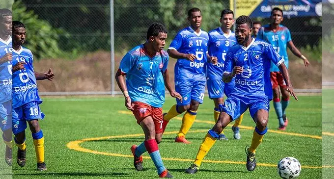 Lautoka left back Epeli Leiroti (right) defends against Lorima Batirerega Junior of Nasinu at the Uprising Sports Centre in Pacific Harbour, Deuba, in their Digicel Premier League clash on April 10, 2022. Photo: Leon Lord