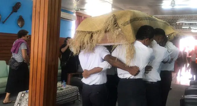 Student pilots of the Pacific Flying School (PFS) carry the casket of the late student pilot Merelesita Lutu, 20, at the Nausori International Airport on March 8, 2018. The late Ms Lutu will be laid to rest at the Lovonilase Cemetery today. Photo: Fonua Talei.