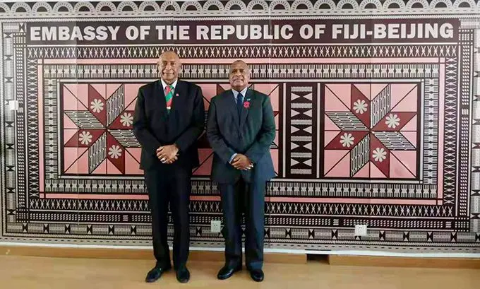 Republic of Fiji Military Forces Commander Rear Admiral Viliame Naupoto (left) and Fiji’s Amabsasdor to China Manasa Tagicakibau at the Fijian Embassy in Beijing .  Photo: Fonua Talei