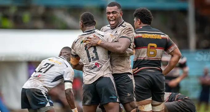 BLK Nadroga lock Aporosa Matakasa {faces camera) celebrates with centre Apimeleki Naboleqa (13) for making a turnover right on full-time against Naitasiri during the Skipper Cup semifinal at Ratu Cakobau Park, Nausori, on June 15, 2024. Photo: Leon Lord