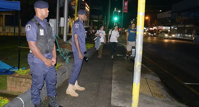 Police on alert on the  streets of Suva.