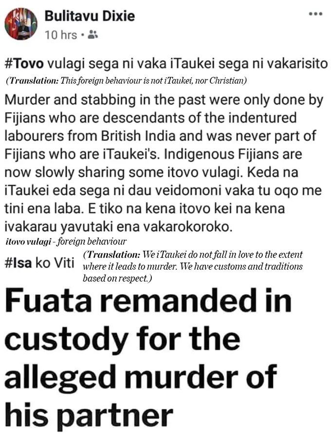 A screenshot of the comment that Mosese Bulitavu made on his Facebook page with translations in italic font.