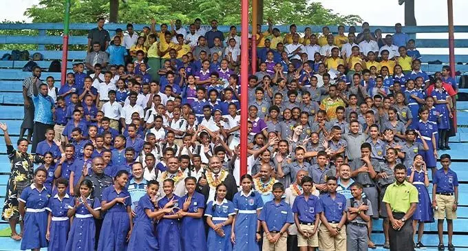 Acting Minister for Public Works and Meteorological Services Sakiasi Ditoka, with invited students and guests during the World Meteorological Day Celebration in Savusavu on March 23, 2023.