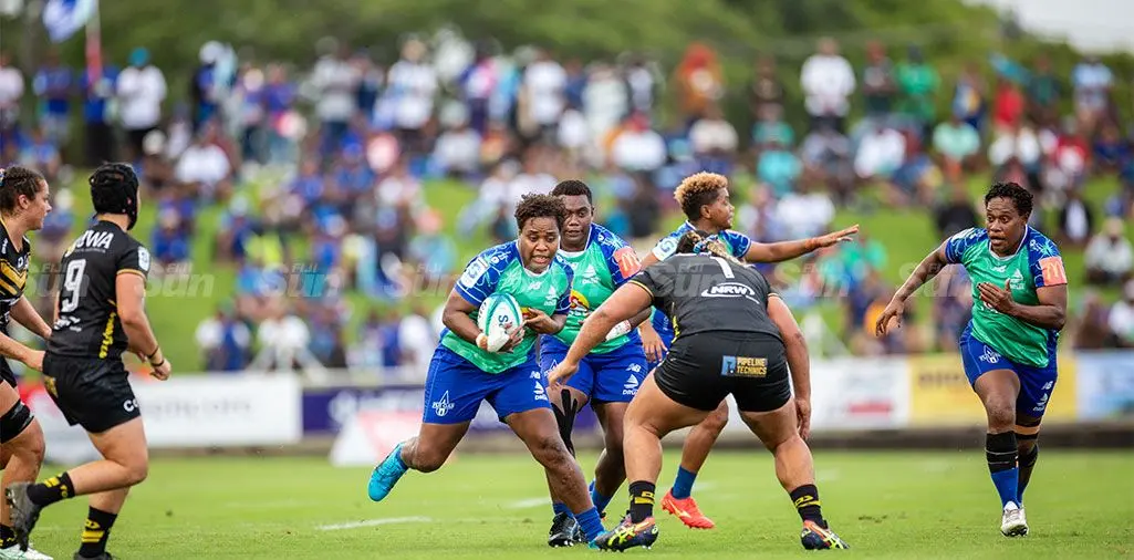 Rooster Chicken Fijian Drua No.8 and captain Karalaini Naisewa (with ball) leads the charge against Western Force while hooker Keleni Marawa (right) in support during their Super W semifinal at the HFC Bank Stadium, Suva, on April 19, 2024. Photo: Leon Lord   
