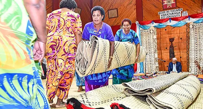 Women of Lomaiviti Province deliver mats during the traditional welcoming ceremony of the Prime Minister Voreqe Bainimarama at the Lomaiviti Provincial Council meeting in Levuka, Ovalau, on June 8, 2022. Photo: Office of the Prime Minister