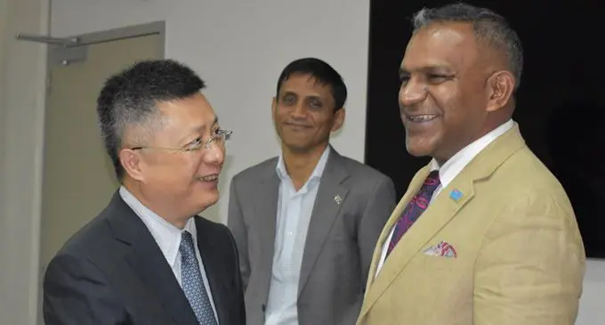 New Chinese Ambassador to Fiji, Qian Bo meets Minister for Industry, Trade, Tourism, Lands and Mineral Resources, Faiyaz Koya and Permanent Secretary Shaheen Ali. Photo: DEPTFO News 