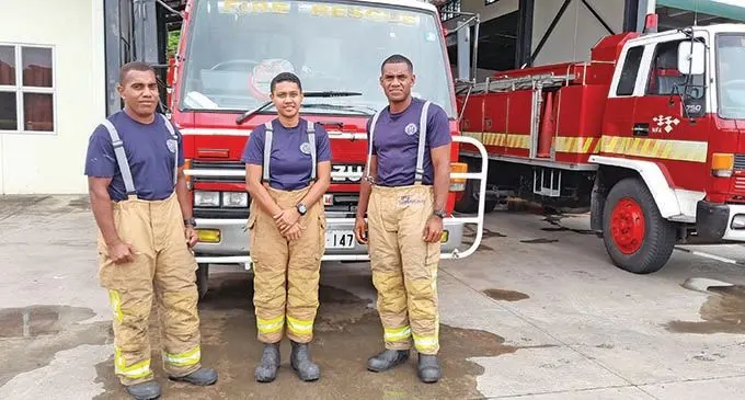 Hero firefighters (from left), Veranava Kauyaca, Mere Tagicaki and Antonio Lewenilovo at the station in Nadi.  Photo: Mereleki Nai