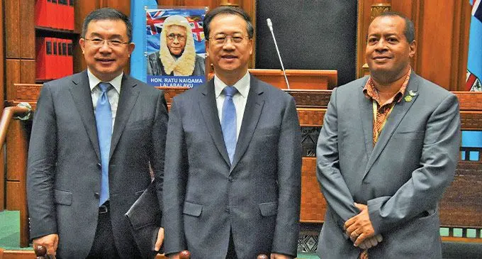 From left: Chinese Ambassador to Fiji Zhou Jian, Executive Vice Minister of Foreign Affairs of China MA Zhaoxu and Manager Inter-Parliamentary Relations, Senitieli Wainiu. Photo: Parliament News