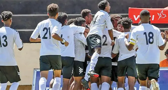 The Digicel Fijian Under-19 side celebrates Melvin Mani’s goal in their 4-1 win against Samoa in Papeete, Tahiti on September 19, 2022. Photo: OFC Media