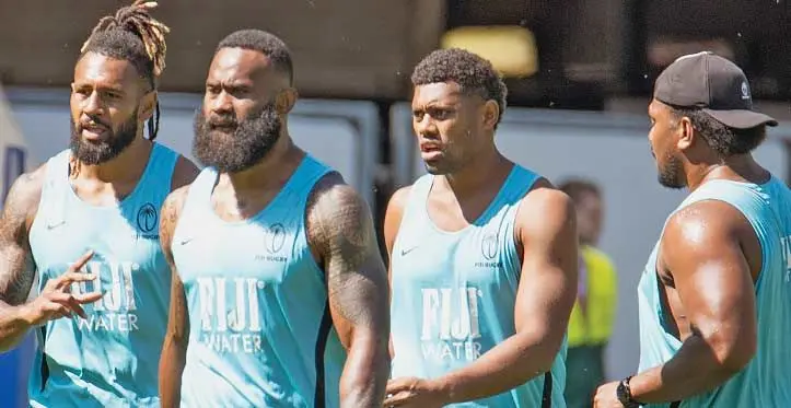 Flying Fijians (from left) captain Waisea Nayacalevu, Semi Radradra and Ilaisa Droasese in London on August 25, 2023. Photo: FRU Media