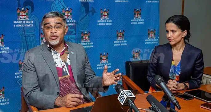 Permanent Secretary for Health and Medical Services Dr James Fong, with Dr Aalisha Sahukhan during the press conference at the Ministry of Health headquarters in Toorak, Suva, on April 18, 2021. Photo: Leon Lord 
