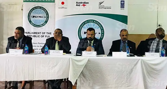 Parliament Standing Committee on Justice, Law and Human Rights members from left: Ratu Suliano Matanitobua, Rohit Sharma, chairperson Alvick Maharaj, Salik Govind and Mosese Bulitavu at Basoga, Labasa on April 10,2021. Photo: Laisa Lui