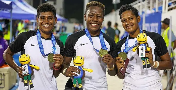 Elenoa Naimata is flanked by Milika Tokaicake (left) and Salaseini Railumu at the National Stadium, Honiara, Solomon Islands on November 25, 2023. Photo: Serana Salalo