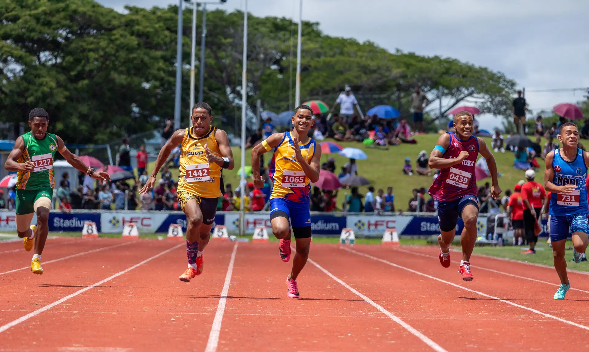 Athletes sprint towards the finish line during the Fiji Primary School Tuckers Ice Cream Games at the HFC, Bank Stadium in Suva on November 27, 2025.