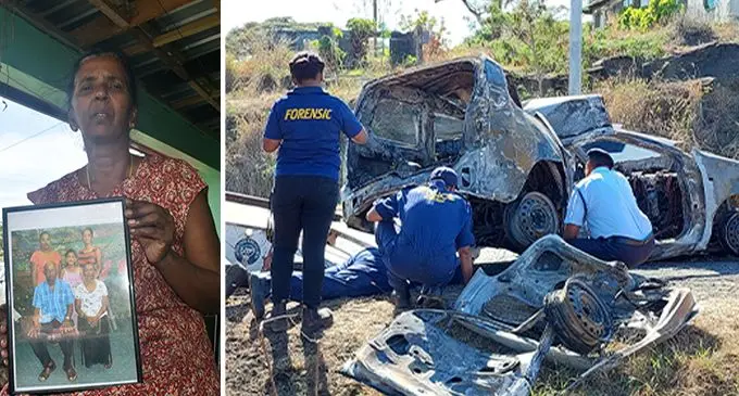 Indra with a photo of her late husband Parma Nand on September 5, 2022, pictured in the photo are them with their daughters and granddaughter. Photo: Salote Qalubau Inset: The Police forensics team at the scene along the Viseisei stretch in Vuda, Lautoka on September 5, 2022. Photo: Nicolette Chambers