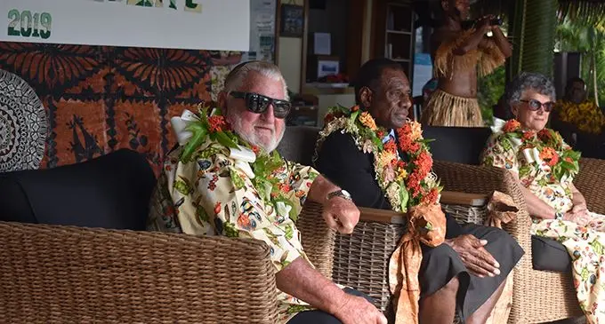 Owners of Nanuya Island Resort Ivan and Val Parker with Tui Drola Ratu Manasa Naikasowalu.